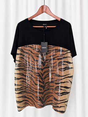 DKNY Modern Top Sequin Tiger Print Black XL